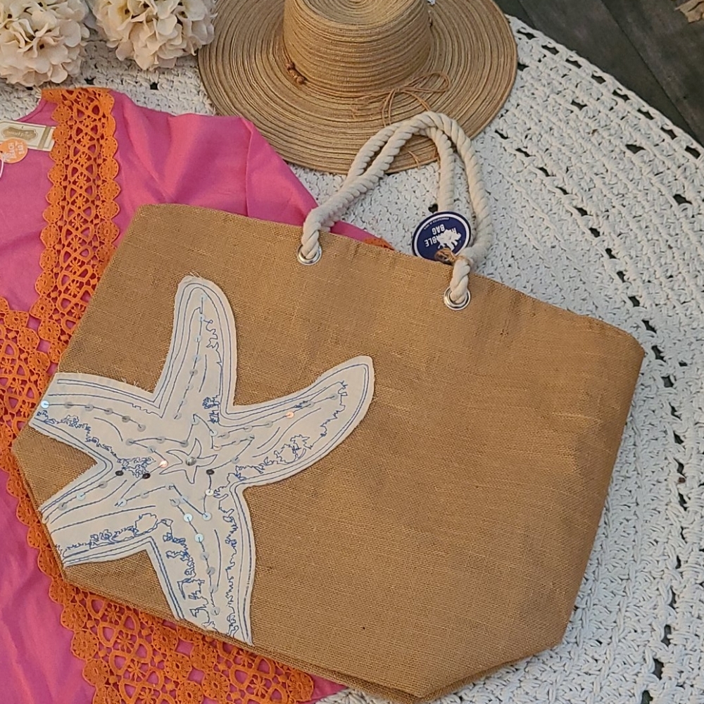 SALE NWOT LG BLUE WHITE  STARFISH BEACH BURLAP BAG - Picture 14 of 16